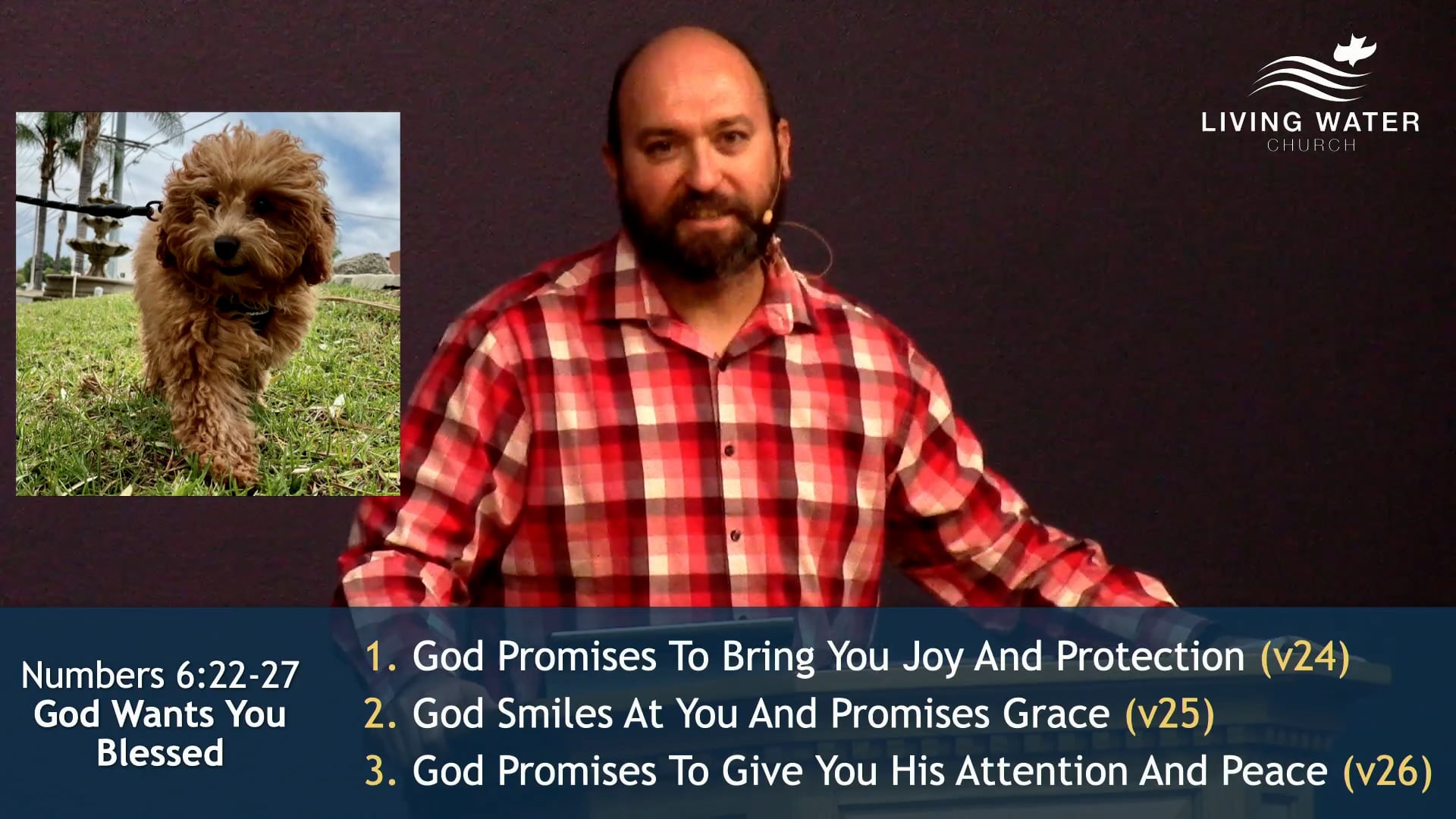 Final slide of points about how God Wants You Blessed, includes photo of dog Maui